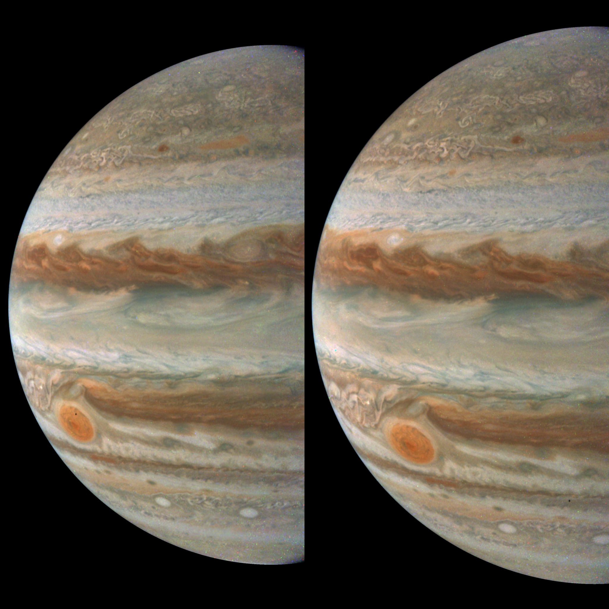 NASA’s Juno mission captured these views of Jupiter during its 59th close flyby of the giant planet on March 7, 2024. They provide a good look at Jupiter’s colorful belts and swirling storms, including the Great Red Spot.