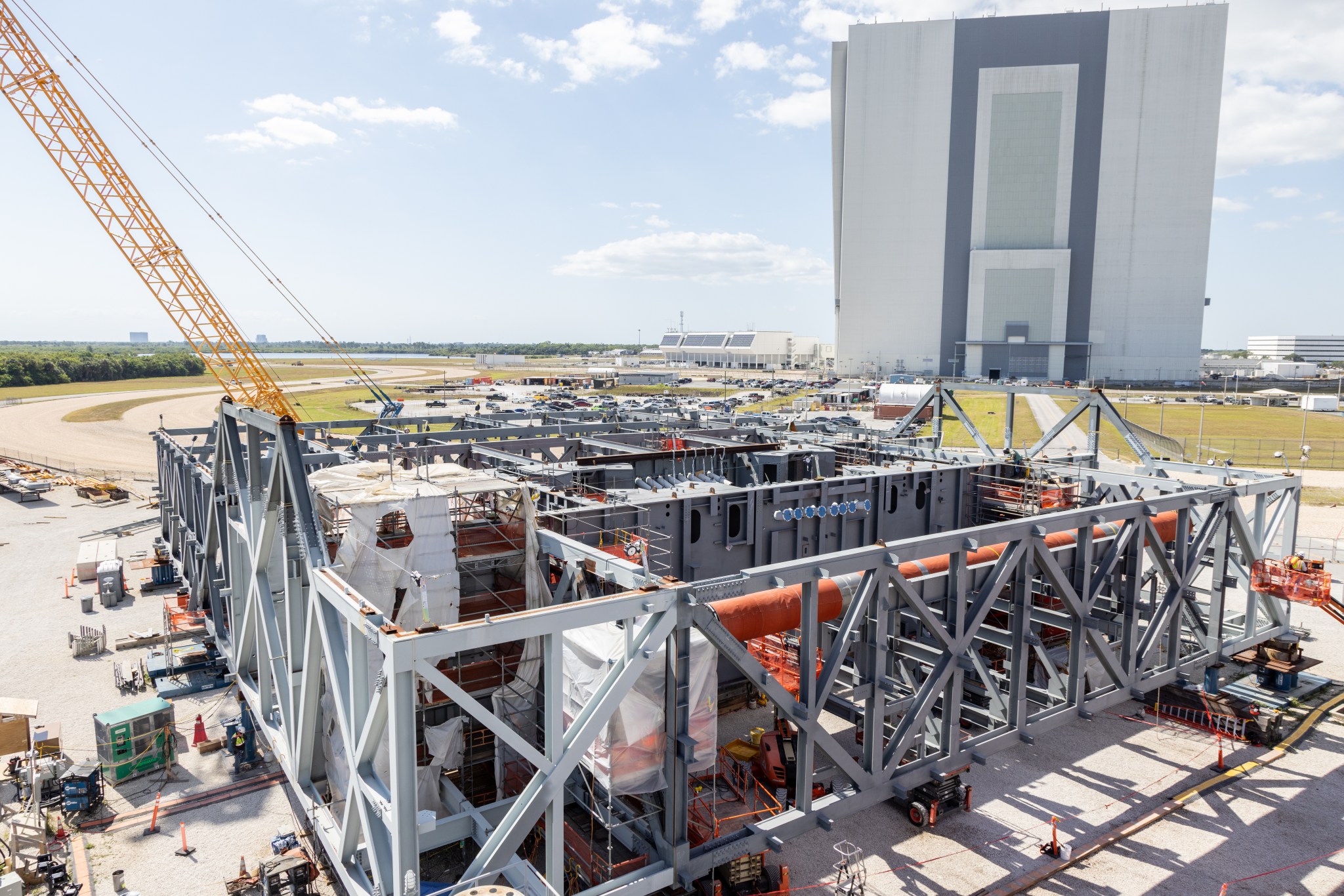 Image shows construction of the platform for mobile launcher 2 for the Artemis missions.