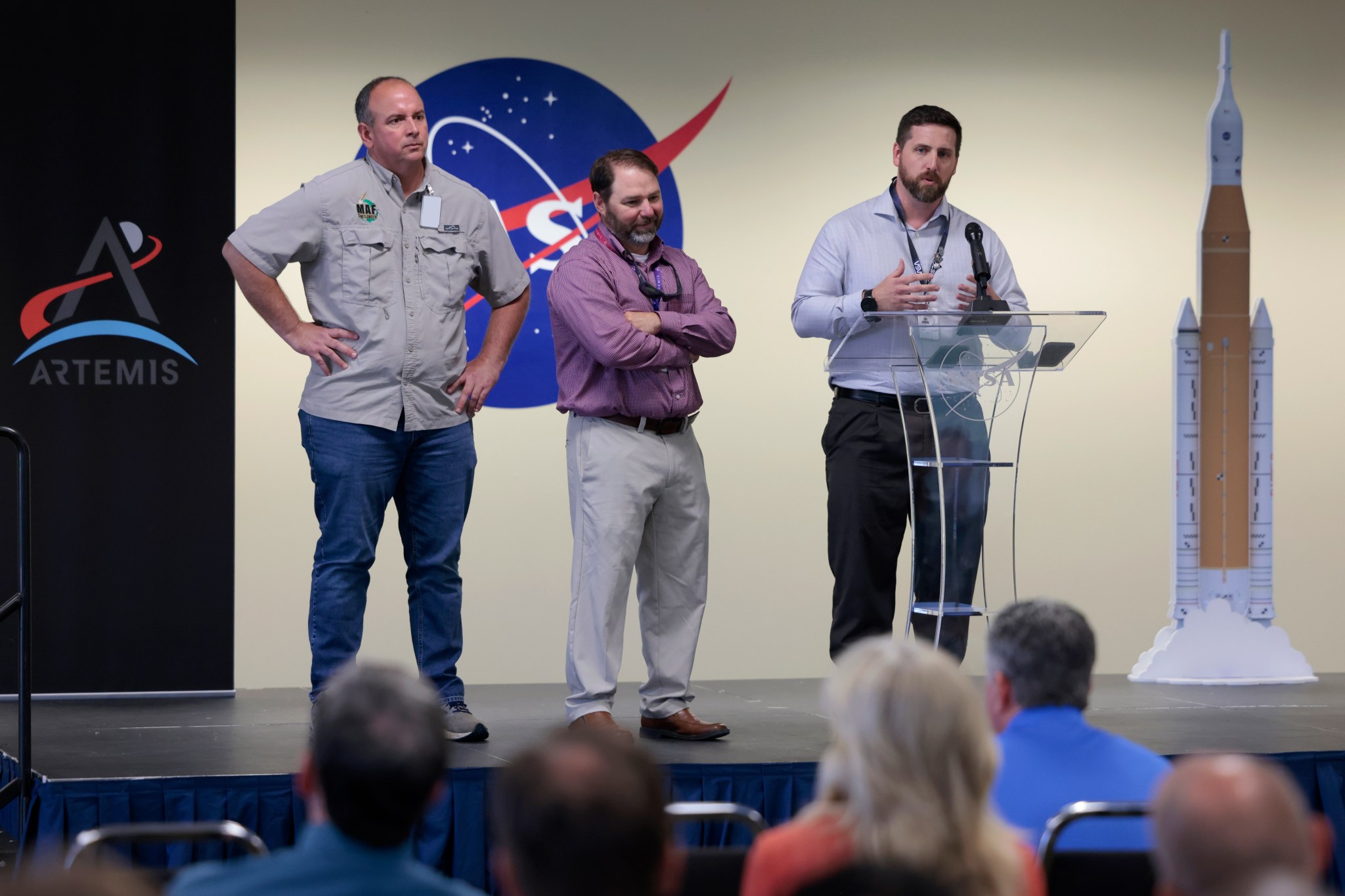 MAF Ambassadors Ben Ferrell, Jesse Lemonte, and Kevin Stiede address attendees on NASA 2040 and other Marshall Space Flight Center’s Center Action Team initiatives.