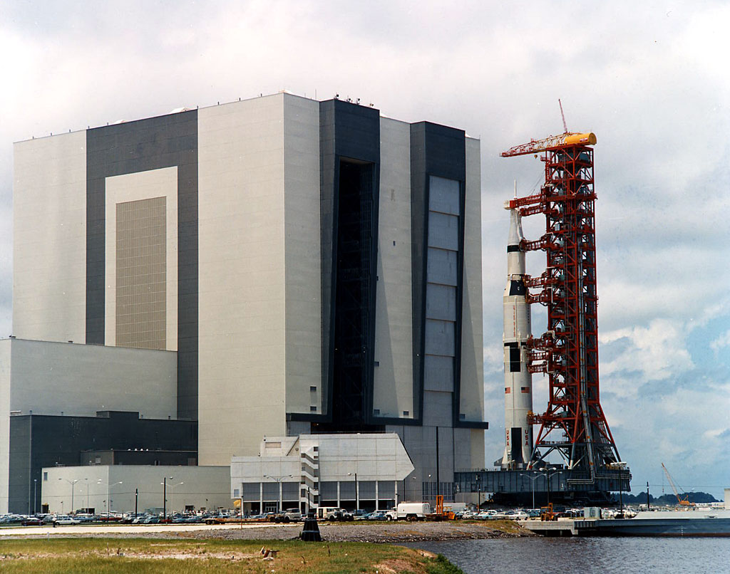 The Apollo 11 Saturn V leaves the Vehicle Assembly Building at NASA’s Kennedy Space Center in Florida on its way to Launch Pad 39A