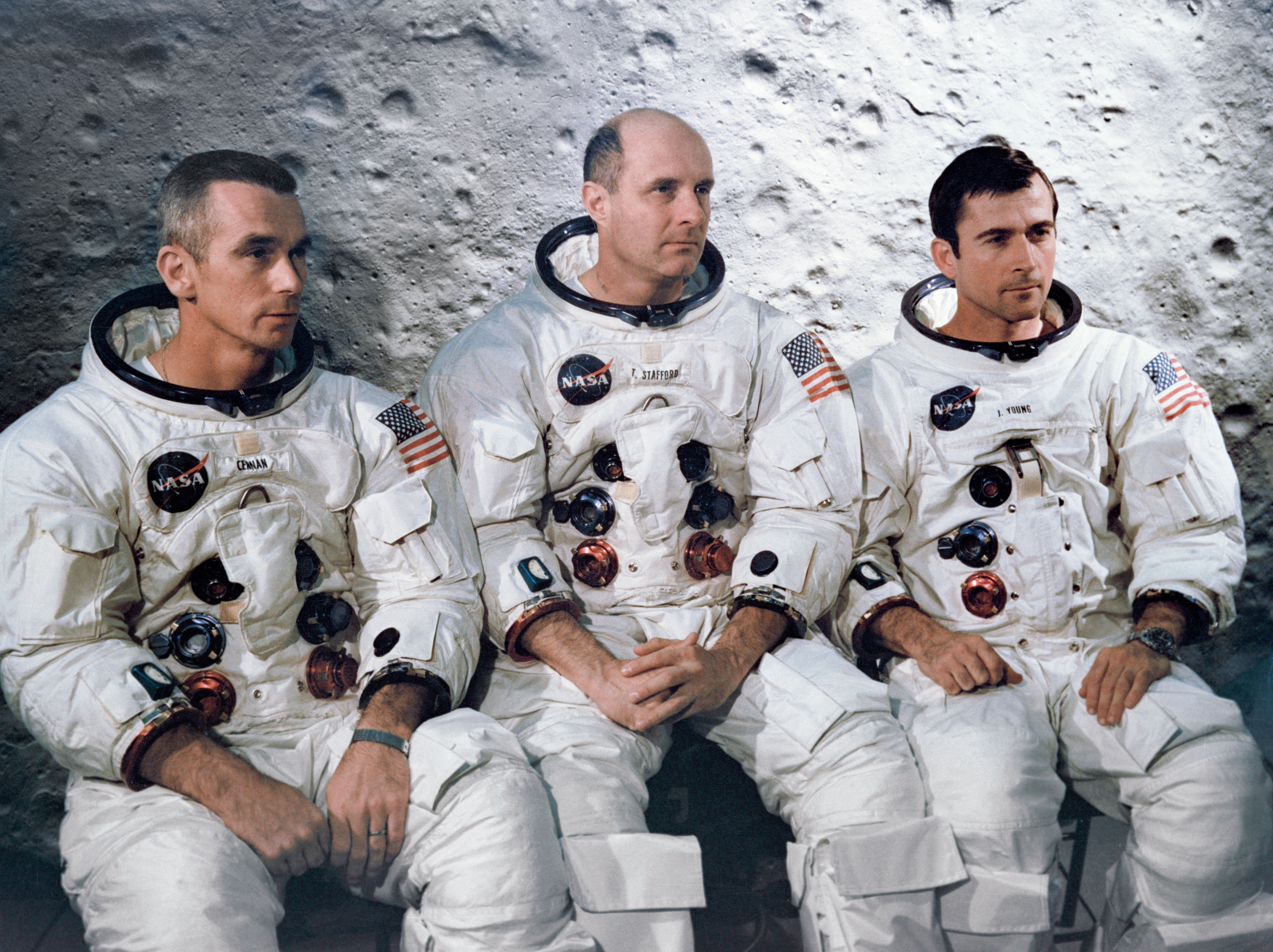The official photo of the Apollo 10 crew of Eugene A. Cernan, left, Thomas P. Stafford, and John W. Young
