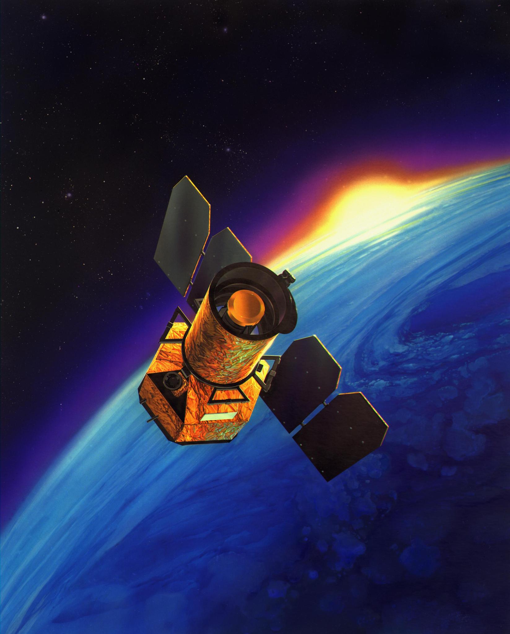 An illustration of the space telescope Galaxy Evolution Explorer. The telescope is in the foreground. Its main body is wrapped in gold foil and solar panels are attached on either side.