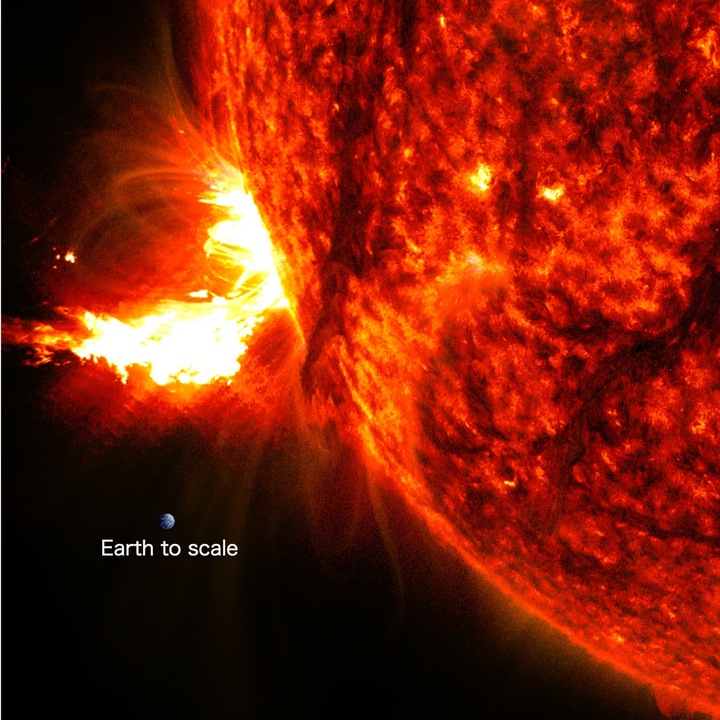 a close up image of a solar flare on the Sun, with the Earth inset at scale for size comparison