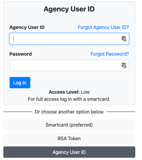 Screenshot showing the authentication page with Agency User ID selected.
