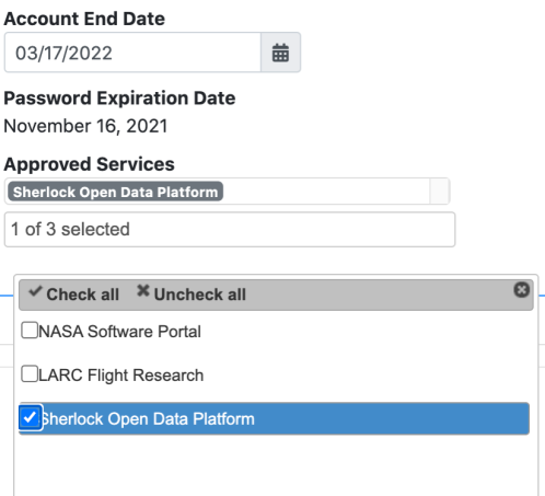 Screenshot showing the settings to select. For Approved Services, select Sherlock Open Data Platform.