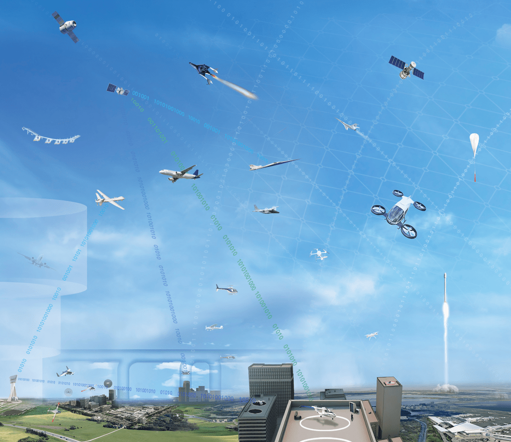 Artist rendering of what NASA"s "Sky For All" air travel may look like beyond 2045. Various types of air vehicles traveling at diffrent altitutudes aabove urban areas.