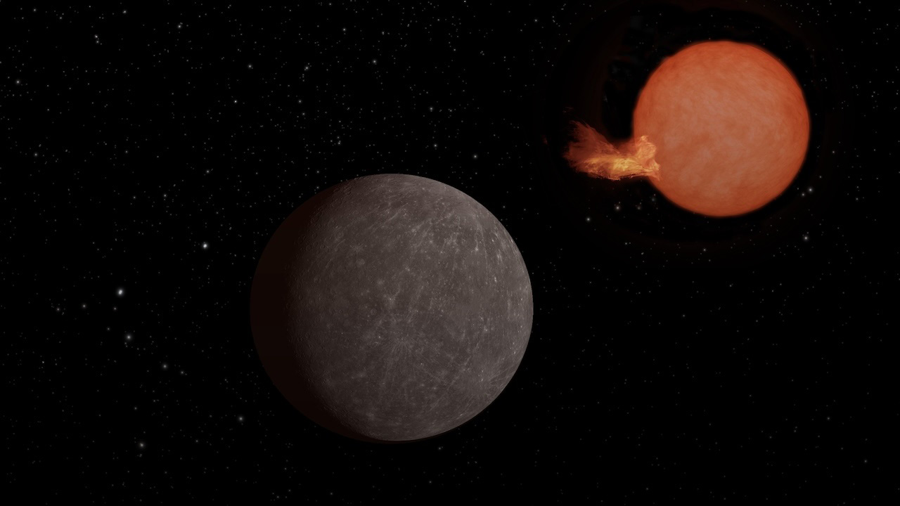 An artist’s concept of the exoplanet SPECULOOS-3 b orbiting its red dwarf star. The planet is as big around as Earth, while its star is slightly bigger than Jupiter – but much more massive.