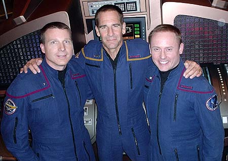 NASA astronauts Terry W. Virts, left, and E. Michael Fincke, right, flank actor Scott Bakula on the set of Star Trek: Enterprise in 2005