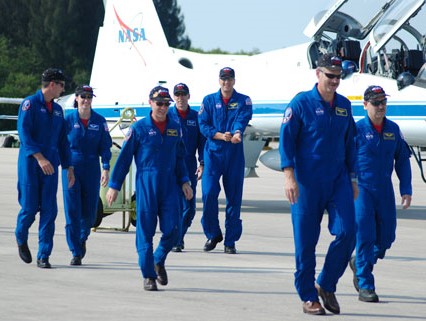 The STS-125 crew arrives at NASA’s Kennedy Space Center in Florida for launch