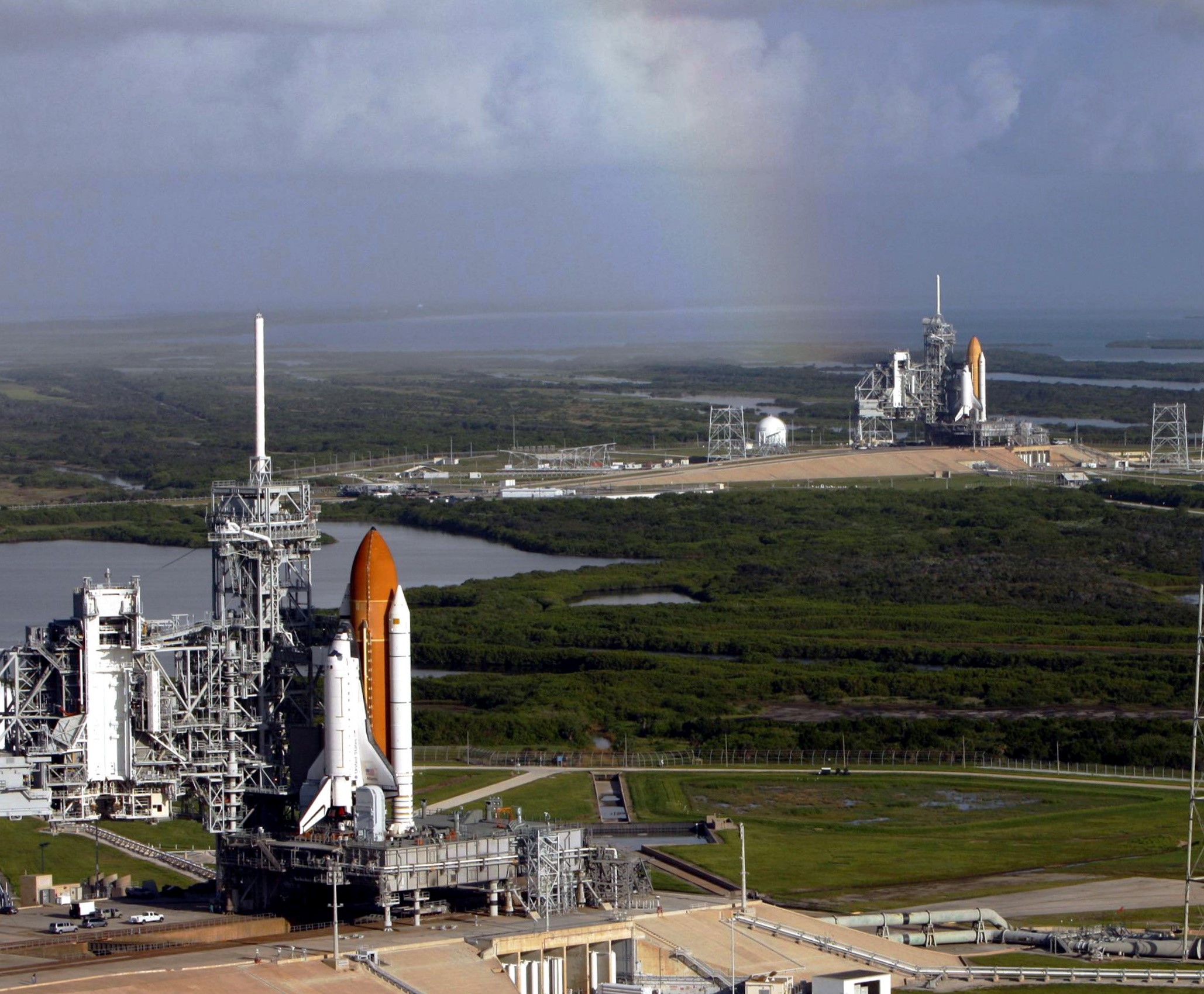 Shuttles on two pads for the first launch attempt, Atlantis on Pad 39A, left, and Endeavour on Pad 39B