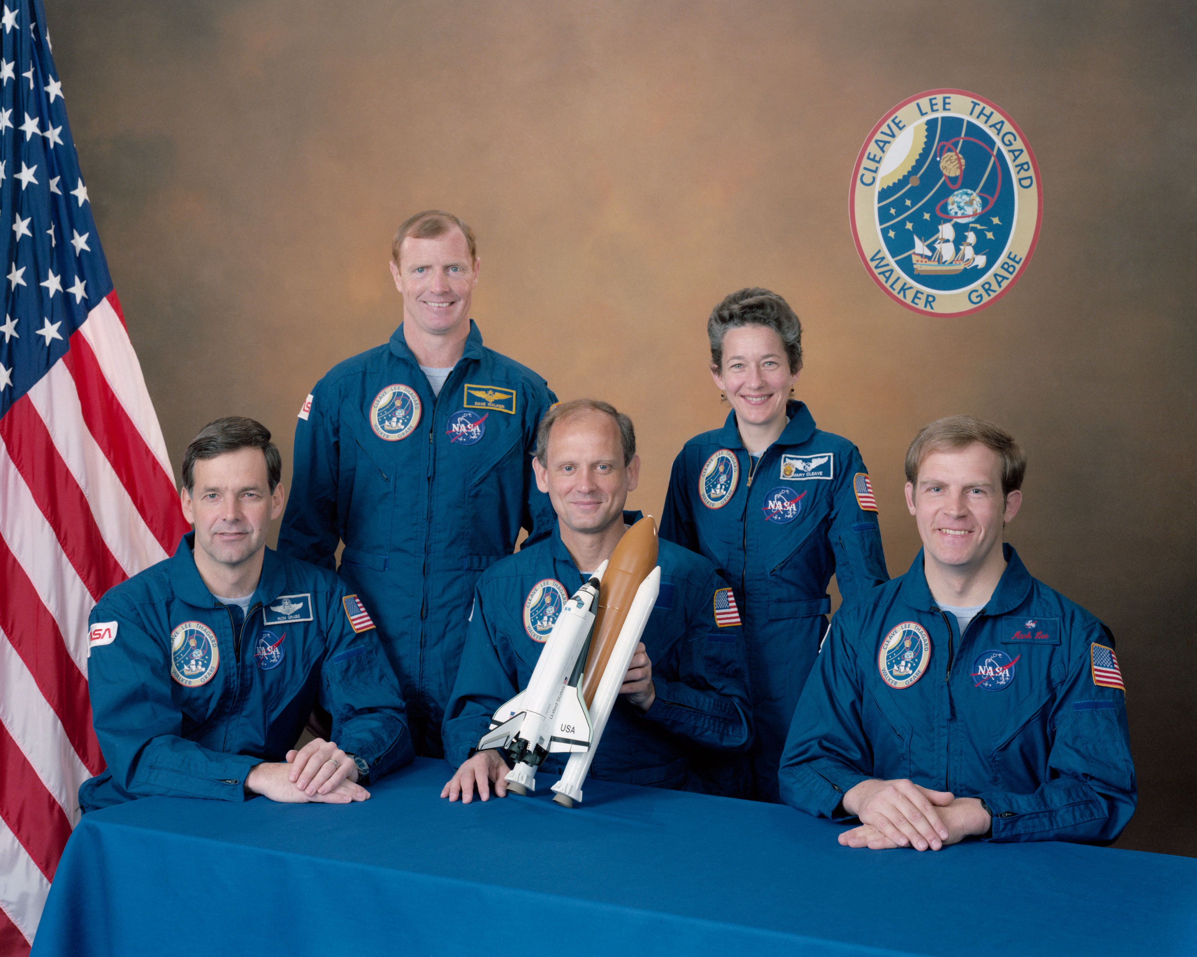 The STS-30 crew of Pilot Ronald J. Grabe, left, Commander David M. Walker, and Mission Specialists Norman E. Thagard, Mary L. Cleave, and Mark C. Lee