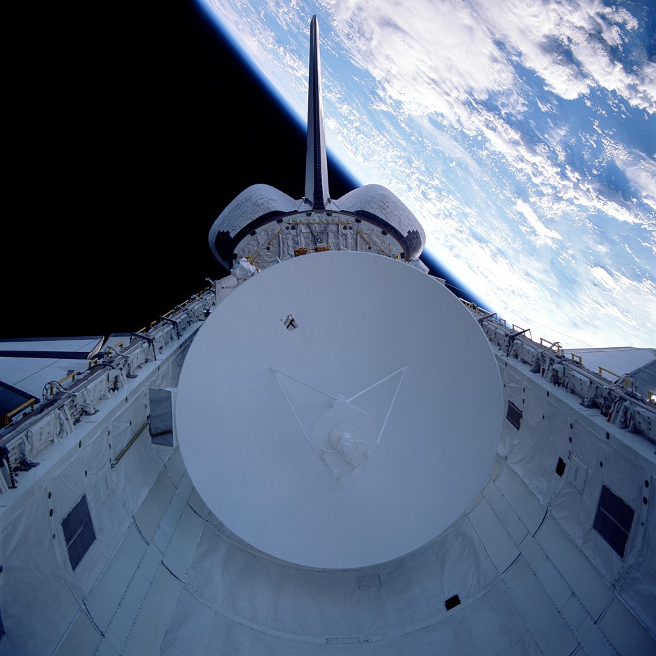 Magellan in Atlantis’ payload bay, its large high-gain antenna prominently visible