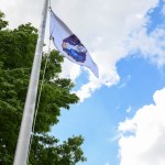 The Starliner flag flies outside the Huntsville Operations Support Center.