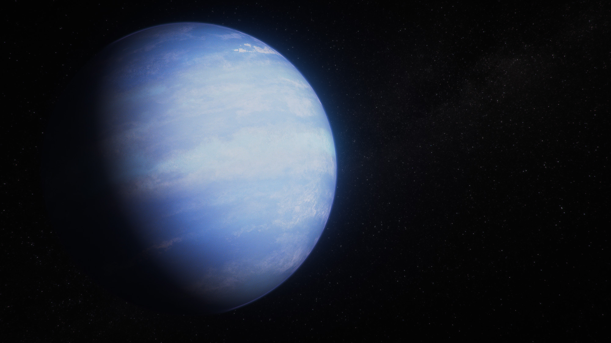 This artist’s concept shows what the warm Neptune exoplanet WASP-107 b could look like based on recent data gathered by NASA’s James Webb Space Telescope along with previous observations from NASA’s Hubble Space Telescope and other observatories. Observations captured by Hubble’s WFC3 (Wide Field Camera 3), Webb’s NIRCam (Near-Infrared Camera), Webb’s NIRSpec (Near-Infrared Spectrograph), and Webb’s MIRI (Mid-Infrared Instrument) suggest that the planet has a relatively large core surrounded by a relatively small mass of hydrogen and helium gas, which has been inflated due to tidal heating of the interior.