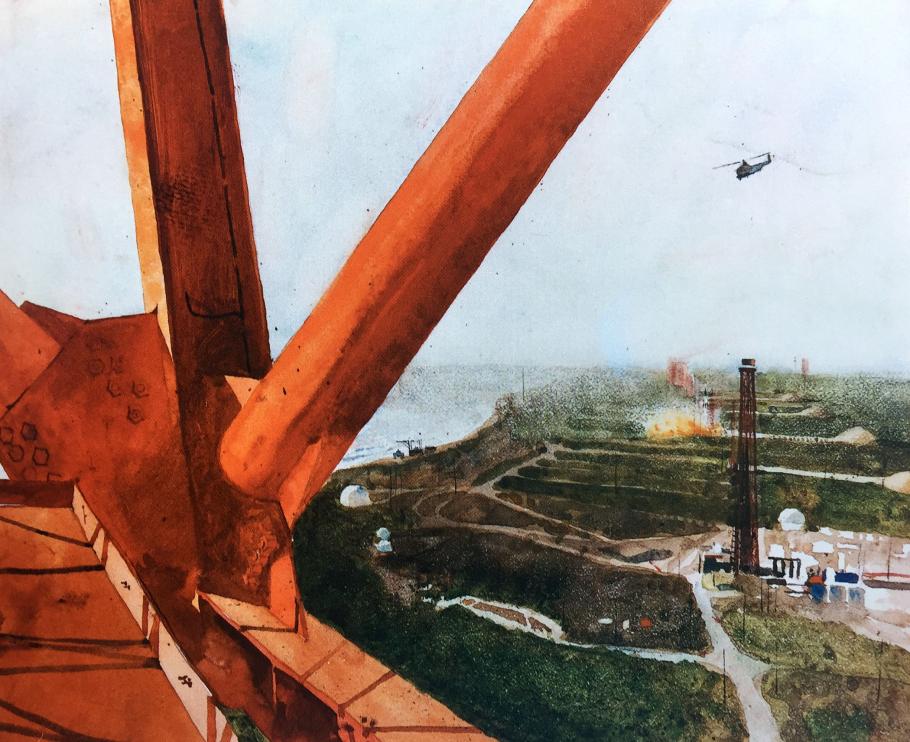 An alternative perspective of the vermillion gantry equipment with both a close-up and bird’s eye view. The section of the superstructure resembles the upper portion of the alphabet letter "K" or a bent arm flexing its muscle. Featured at the crux of the form are the details of hexagonal hardware required to suture the monstrous assembly together. The sky is stark and flat, which suggests the overcast haze of a sizzling Florida summer afternoon. The view below depicts a skeletal structure of an obsolete gantry, a patchwork pattern of brown and green earth, and the snaking curvature of the coastline. Far off in the distance are the ignition flames of a rocket launch. A helicopter flies near the launch site at almost eye level from the artist’s view, and reinforces the height of this aerial perspective.