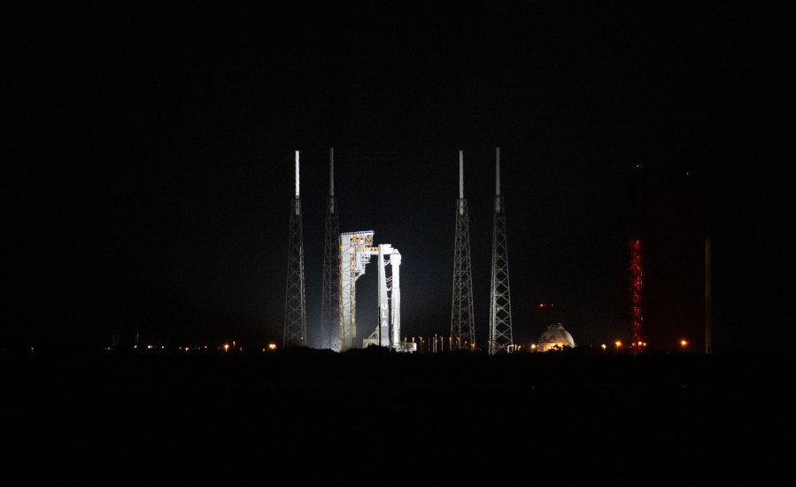 A United Launch Alliance Atlas V rocket with Boeing’s Starliner spacecraft aboard is seen illuminated by spotlights on the launch pad at Space Launch Complex-41 ahead of the NASA’s Boeing Crew Flight Test, Wednesday, June 5, 2024 at Cape Canaveral Space Force Station in Florida.