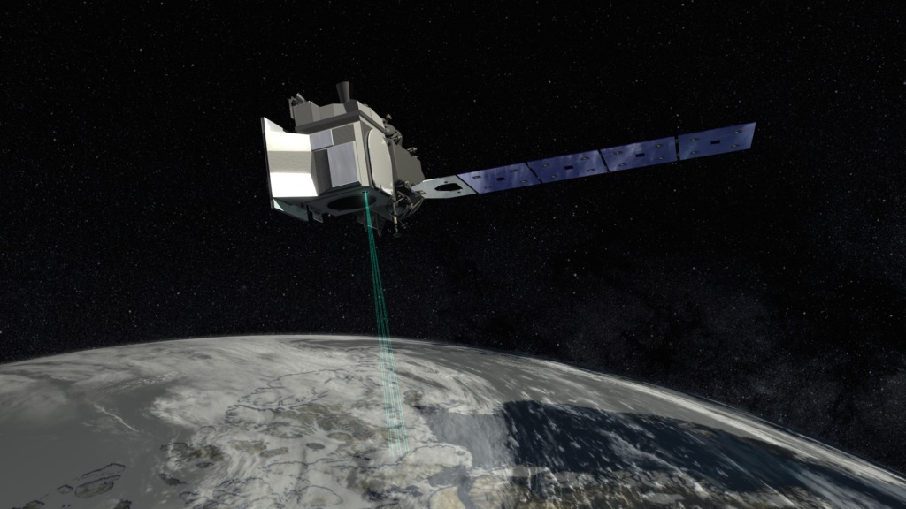 An artist's rendering of the ICESat-2 satellite over Earth. The background is black, and the bottom third of the image is filled with a curving horizon of Earth, with white clouds and ice, blue ocean and green land. The ICESat-2 satellite orbits above Earth. It's a slivery box-like structure with blue solar panels off to the right. Bright green lines come down from the satellite, representing its laser.
