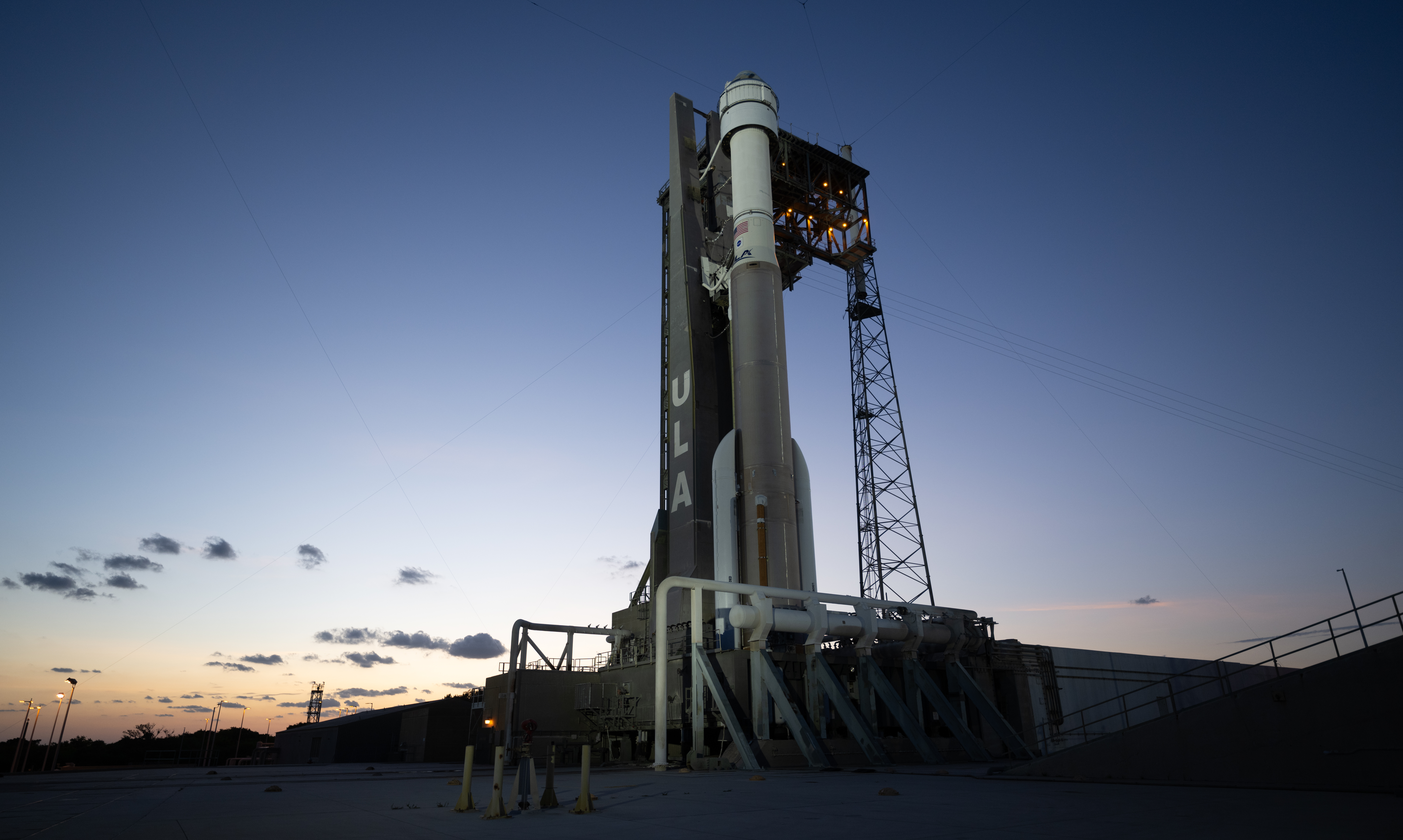 A United Launch Alliance Atlas V rocket with Boeing’s CST-100 Starliner spacecraft aboard is seen at sunset on the launch pad at Space Launch Complex 41 ahead of the NASA’s Boeing Crew Flight Test, Friday, May 31, 2024 at Cape Canaveral Space Force Station in Florida.