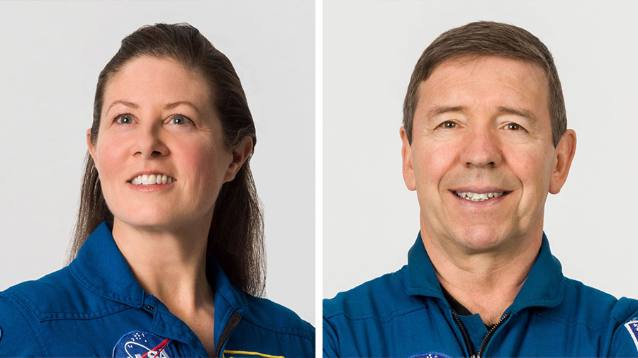 Expedition 71 Flight Engineers Tracy C. Dyson and Mike Barratt, both NASA astronauts, pose for preflight portraits at NASA's Johnson Space Center in Houston, Texas.