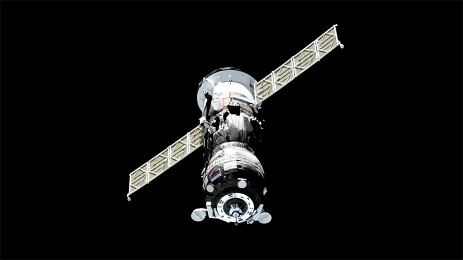 The Progress 88 cargo craft approaches the space station carrying about three tons of cargo. Credit: NASA TV