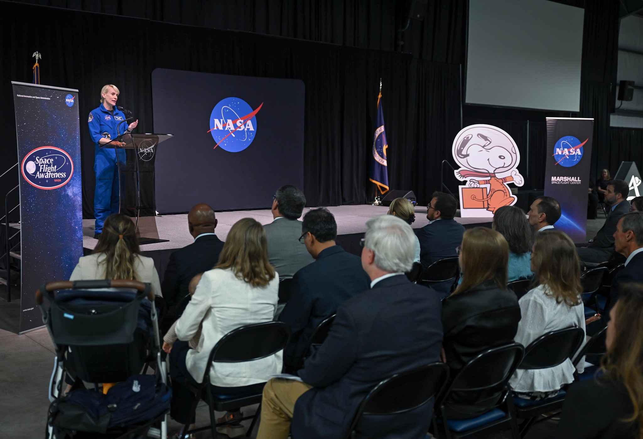 NASA astronaut Kate Rubins speaks to attendees at Marshall’s 2024 Silver Snoopy Awards Ceremony held June 11 in Activities Building 4316.