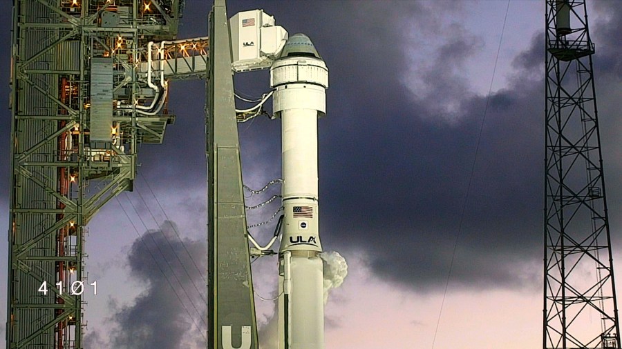 Image of Boeing’s Starliner spacecraft atop the United Launch Alliance Atlas V rocket is seen during sunrise on the launch pad of Space Launch Complex-41 at Cape Canaveral Space Force Station in Florida on Wednesday, June 5, 2024, ahead of NASA’s Boeing Crew Flight Test.