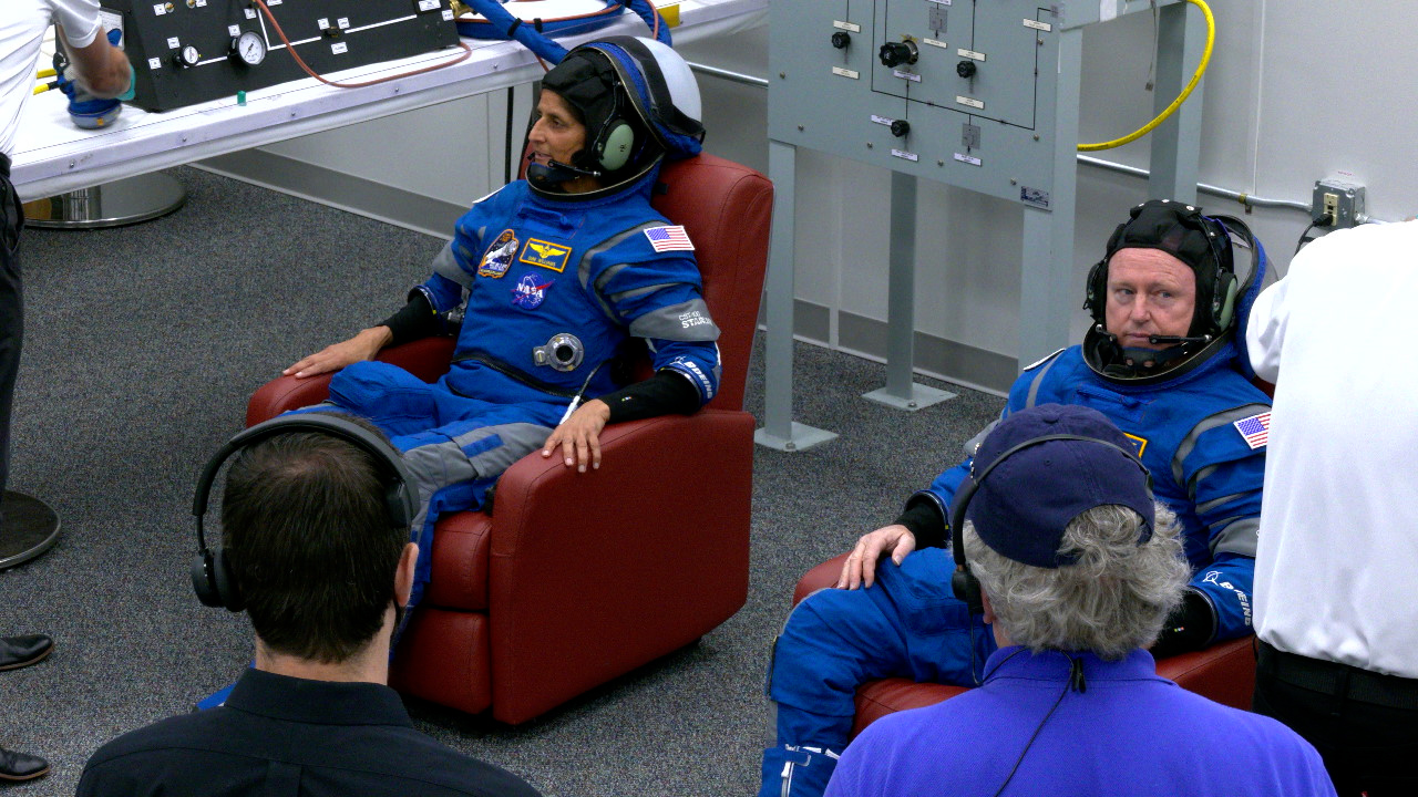 Image of NASA astronauts the crew suit-up room inside the Neil A. Armstrong Operations and Checkout Building at NASA’s Kennedy Space Center in Florida on Wednesday, June 5, 2024. Suni Williams and Butch Wilmore inside