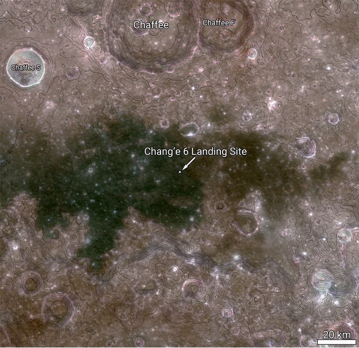 Map of the Moon's surface with a 20 km scale. Chaffee, Chaffee S, and Chaffee F craters are labeled in the upper left of the image and the Chang'e 6 Landing Site is a white dot in the center labeled with an arrow. 