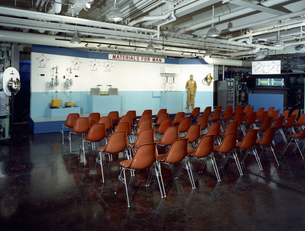 Empty chairs at exhibit.