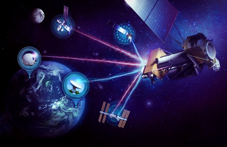 Artistic rendering. NASA’s Laser Communications Relay Demonstration, or LCRD, is shown floating in a blue starry space scene on the right side of the image, while the Earth is shown in the distance on the left. LCRD is surrounded by three spacecraft and two ground stations on Earth. Communications beams are connecting LCRD to the surrounding spacecraft and ground stations. Red beams connect LCRD to the Gateway, the International Space Station, and an optical ground station on Earth. Blue beams connect LCRD to a science mission spacecraft, the International Space Station, and a radio frequency ground station on Earth. The Moon is visible in the top left corner of the image.