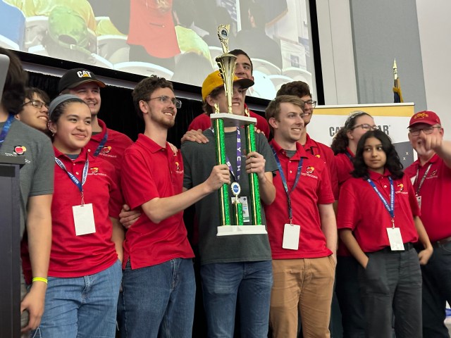 A team from Iowa accepts its Artemis grand prize award during NASA’s Lunabotics competition on Friday, May 17, 2024, at the Center for Space Education near the Kennedy Space Center Visitor Complex in Florida.