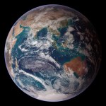 Artist’s concept if the Earth’s Eastern Hemisphere, with clouds swirling over the Pacific Ocean.