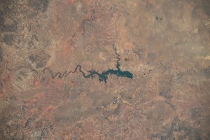 Ute Reservoir in Utah, created by Ute Dam in New Mexico and filled by the Canadian River, is pictured frm the International Space Station as it orbited 262 miles above the southwestern United States.