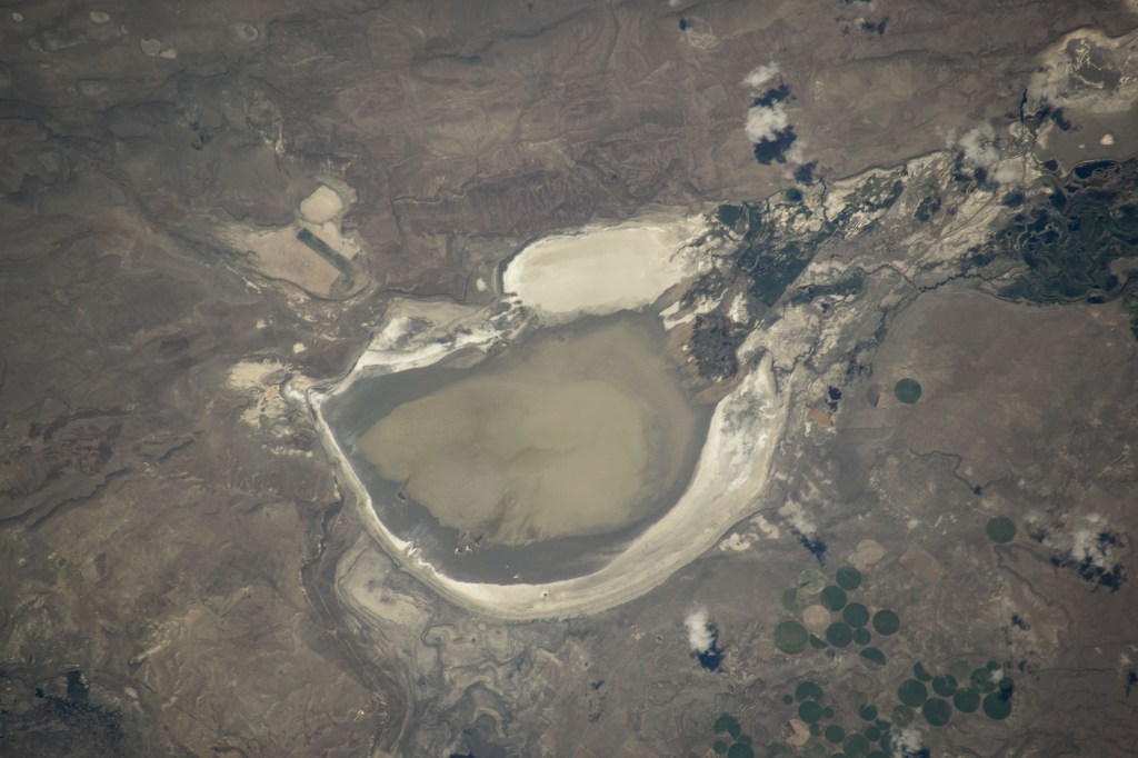 Mud Lake in Harney County, Oregon, one of at least sixteen similarly named lakes throughout the Beaver State, is pictured from the International Space Station as it orbited 263 miles above.