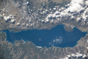 Lake Khövsgöl, Mongolia's largest freshwater lake, is about 5,400 feet (1,650 meters) above sea level and over 2 million years old in this photograph from the International Space Station as it orbited 264 miles above.