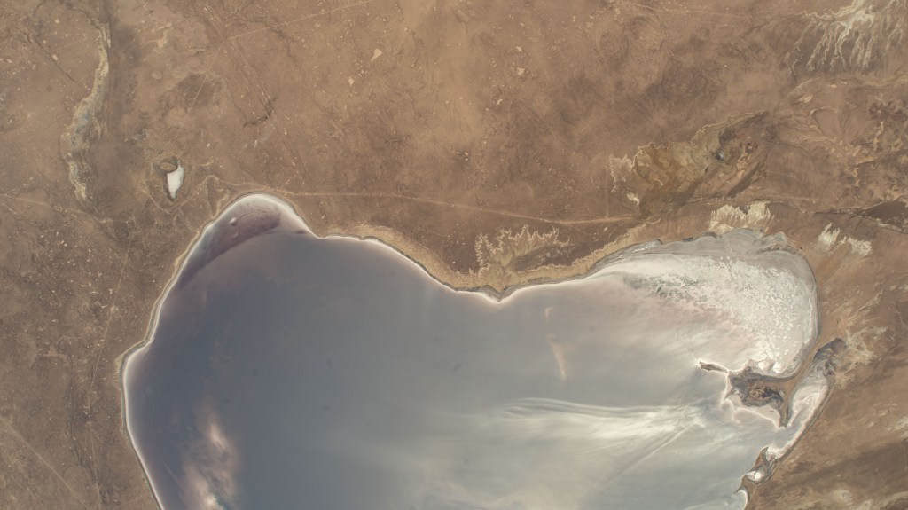 Garabogazköl Basin, a highly saline lagoon off the Caspian Sea, located in Turkmenistan is pictured from the International Space Station as it orbited 262 miles above the central Asian nation.