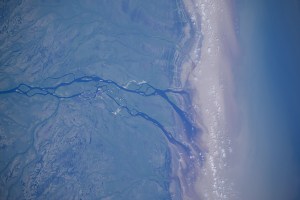 The Albany River flows into James Bay in this photograph from the International Space Station as it orbited 265 miles above Ontario, Canada.