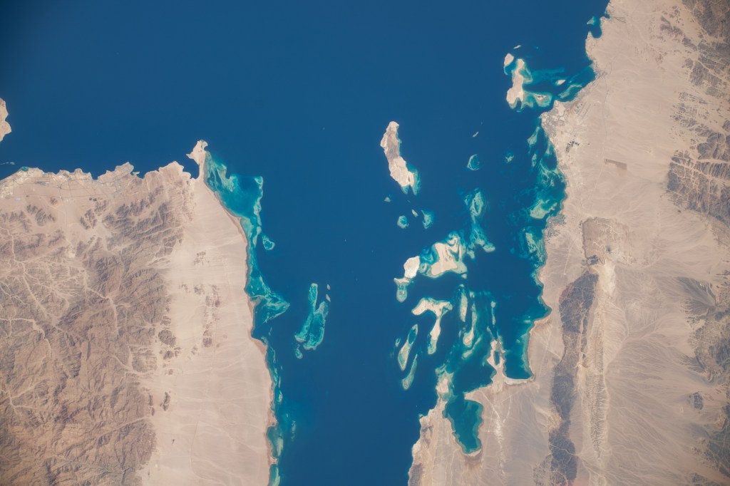 iss071e183808 (June 14, 2024) -- The mouth of the Gulf of Suez feeds into the Red Sea as the International Space Station orbited 262 miles above Egypt.