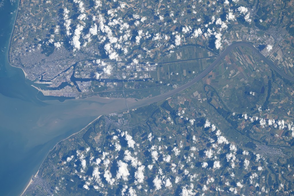 The French port city of Le Havre on the river Seine at the mouth of the English Channel is pictured from the International Space Station as it orbited 264 miles above. The cable-stayed bridge Pont de Normandie crosses the Seine and links Le Havre to the city of Honfleur in France's Normandy region.