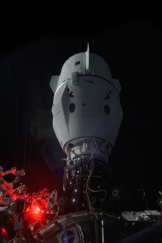 The SpaceX Dragon Endeavour spacecraft is pictured docked to the International Space Station's space-facing port on the Harmony module. Endeavour launched four SpaceX Crew-8 members to the orbital outpost including NASA astronauts Matthew Dominick, Mike Barratt, and Jeanette Epps, and Roscosmos cosmonaut Alexander Grebenkin.