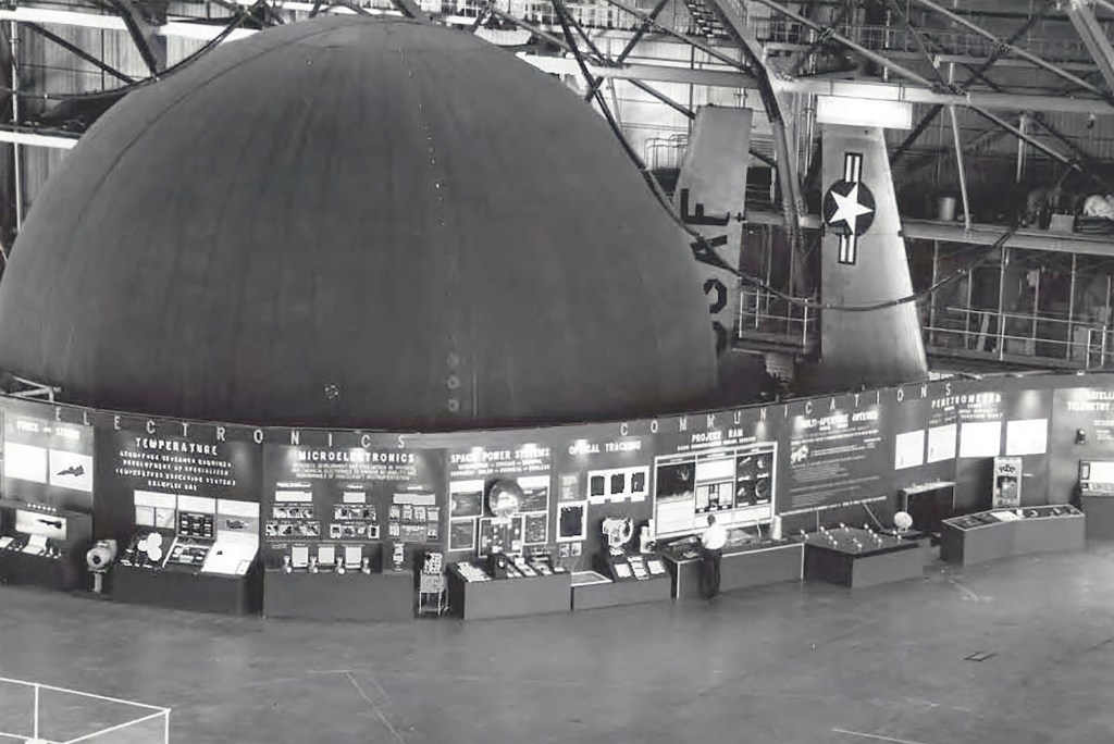 Exhibits inside hangar.