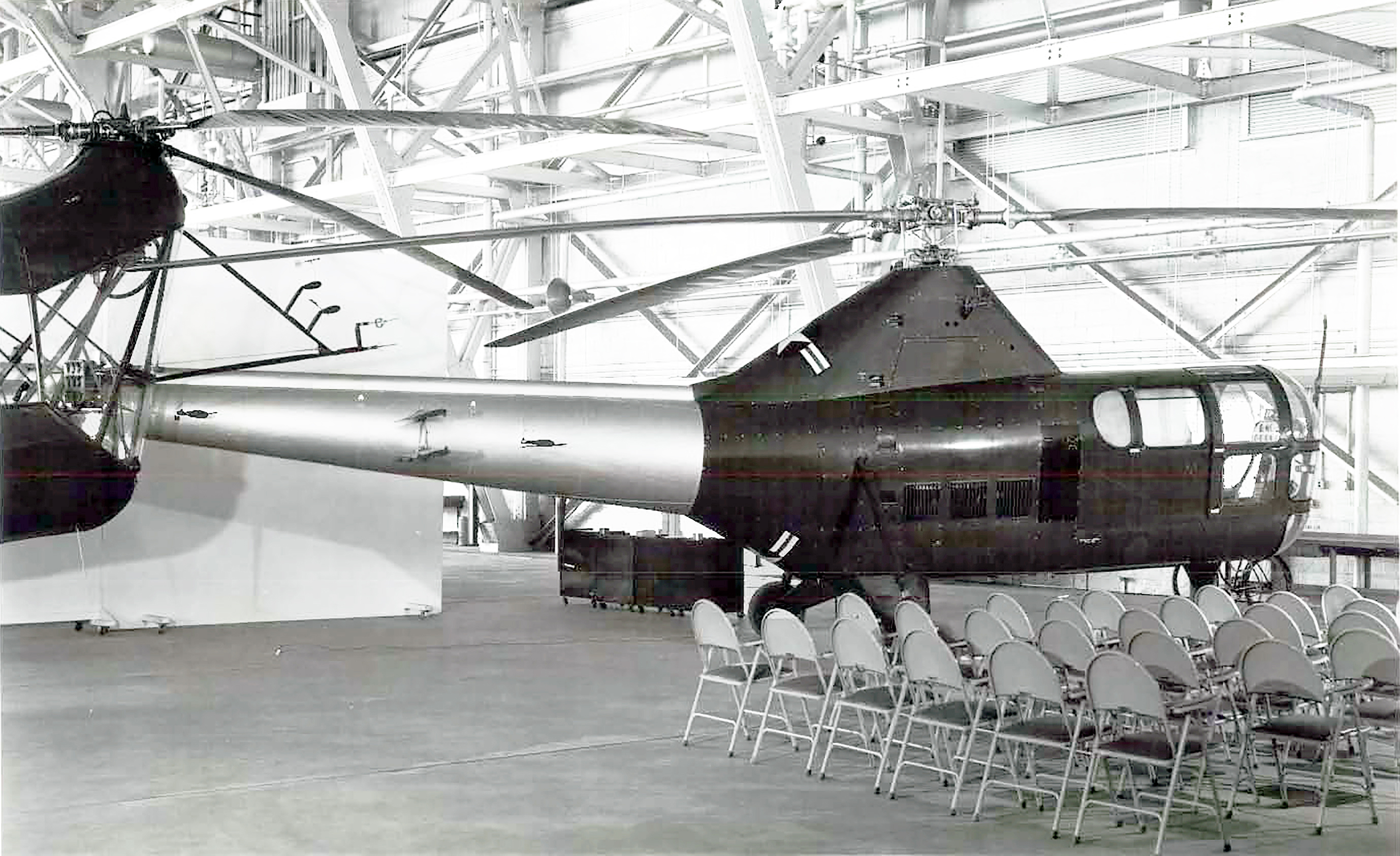 Helicopter in hangar.
