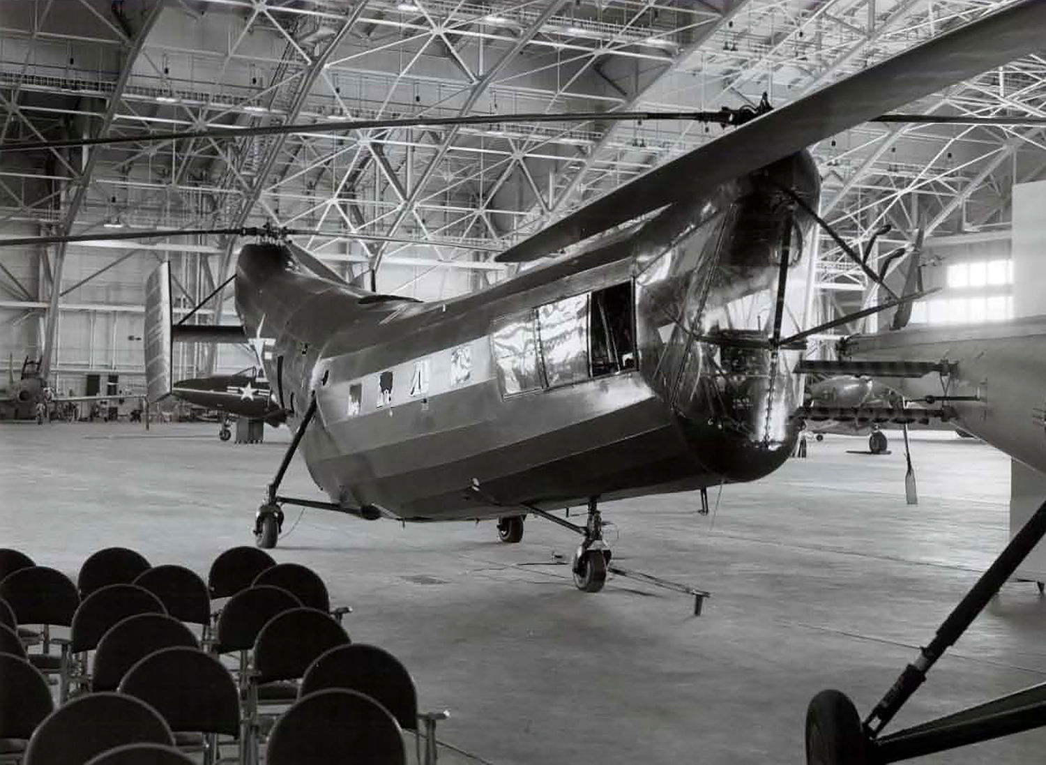 Helicopter in hangar.