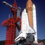 Space shuttle Enterprise during fit checks at the SLC-6 launch facility at Vandenberg Air Force (now Space Force) Base in 1985
