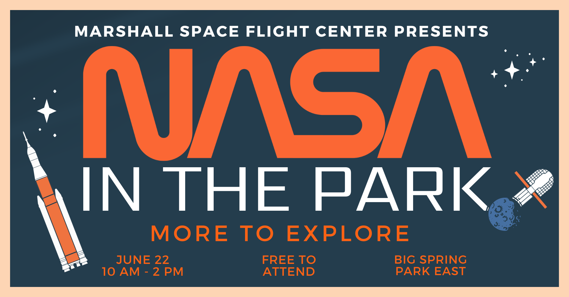 A blue background has NASA in the Park on it with Orange and White letters. The SLS Rocket graphic and stars appear as well.