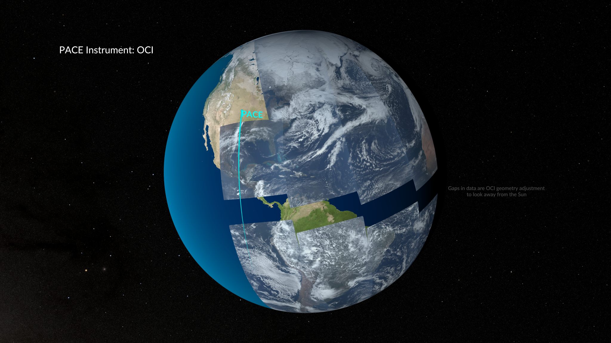 A graphic image of Earth sits upon a black background with the words "PACE Instrument: OCI" in white text in the top left corner. The planet is overlayed with real imagery with portions