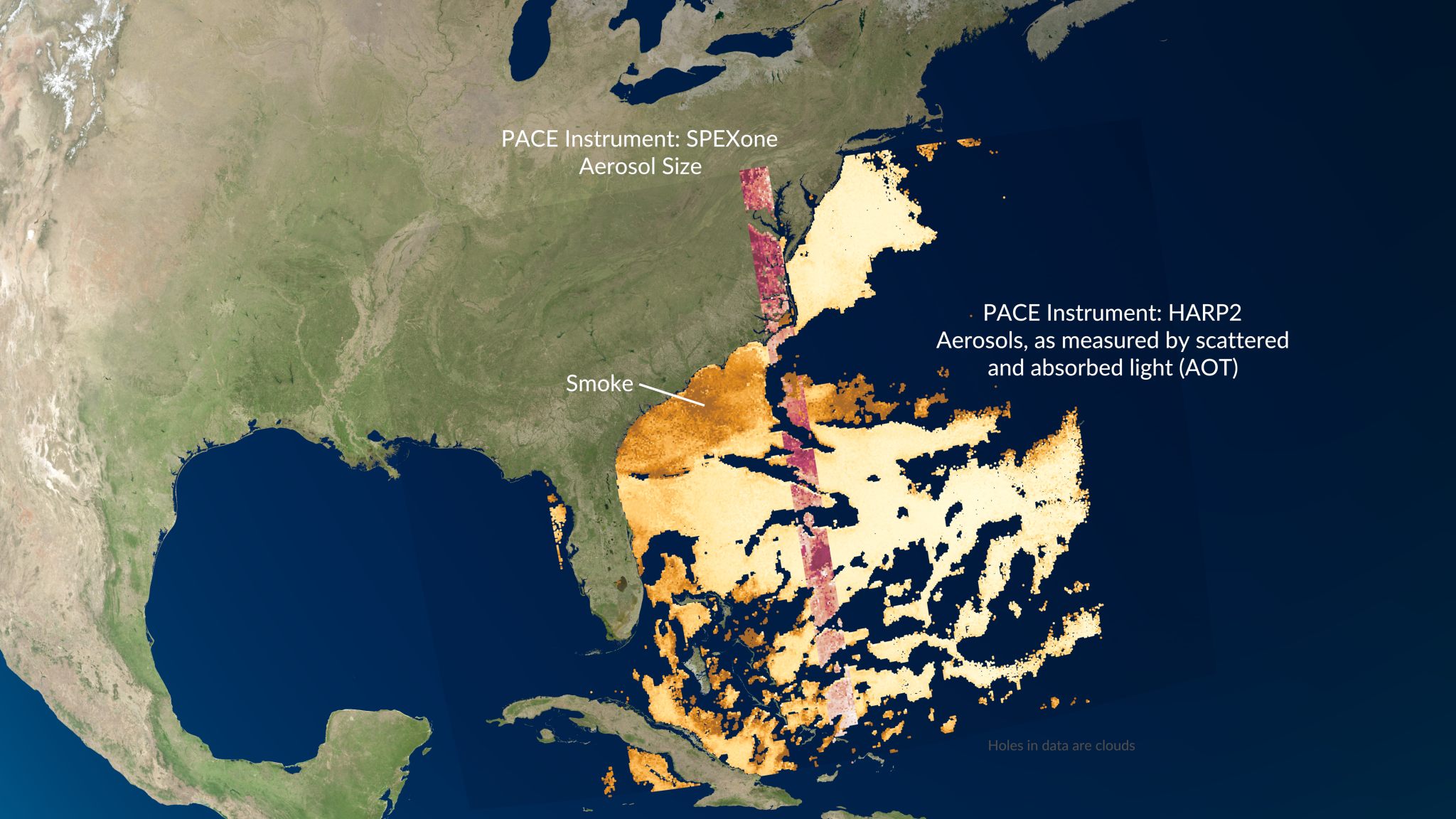 An image of the Gulf of Mexico and the East Coast of the United States is overlayed with splotches of color representing data. The colors range from light yellow to dark orange, and across the large splotches is a diagonal line of dark red - a swath of separate data.