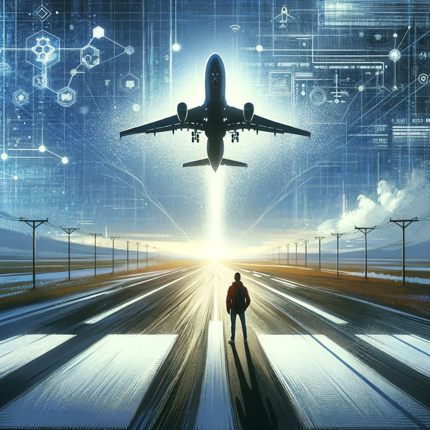 Artist rendering of person standing at the end of a runway looking up at a commercial airliner taking off above him. The sky is actually a computer screen depicting code and data fields.