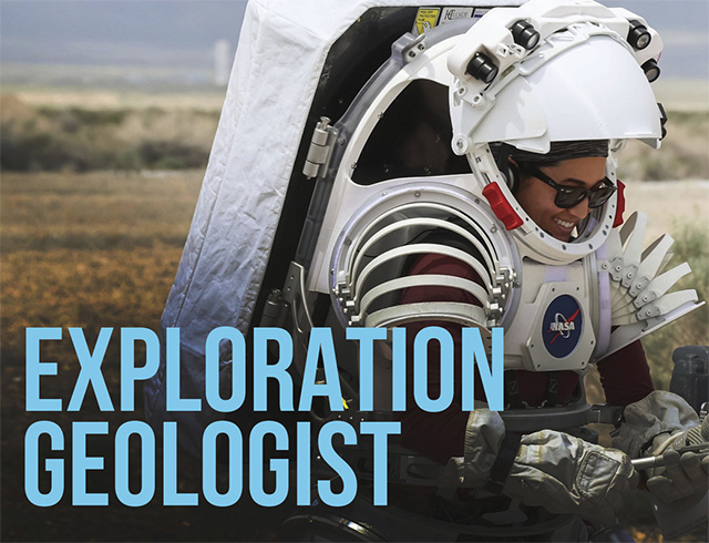 Exploration geologist Angela Garcia smiles in a training spacesuit