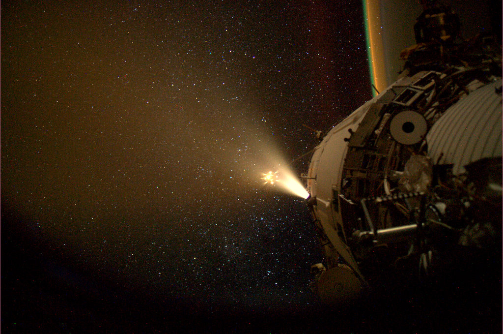 Thrusters firing on the International Space Station.